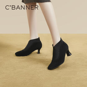 千百度高跟套筒弹力靴袜靴女秋冬粗跟美拉德小踝靴短靴女A23523521