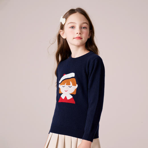 mettekids女童羊绒衫2023秋冬新款黑藏青针织打底衫儿童卡通毛衣 商品图3