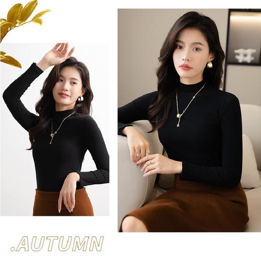 【时尚简约舒适百搭！韩版修身打底衫】舒适无束缚感。百搭款式，内外搭皆可，柔软加绒，秋冬季螺纹修身半高领打底衫女加绒磨毛百搭长袖内搭打底衣 商品图2