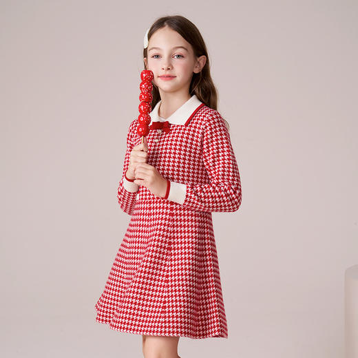 女童羊毛连衣裙2023秋冬新款加厚裙子儿童红色长裙千鸟格公主裙 商品图4
