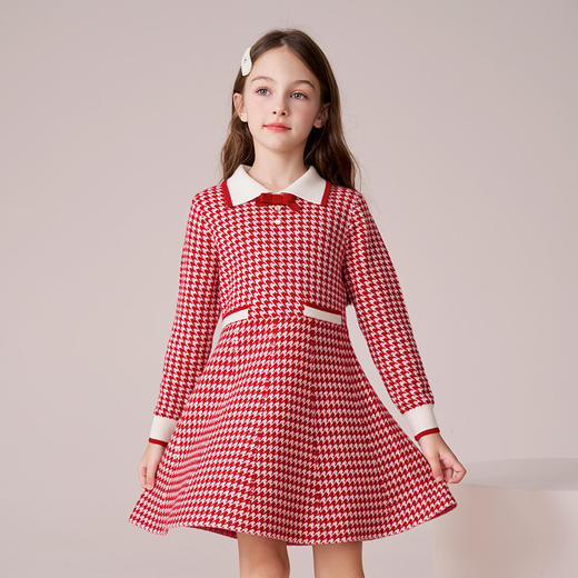 女童羊毛连衣裙2023秋冬新款加厚裙子儿童红色长裙千鸟格公主裙 商品图2