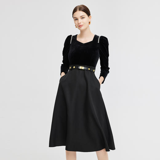 NG851斯尔丽2023秋装新款法式浪漫丝绒拼接式镶钻长袖连衣裙 商品图0