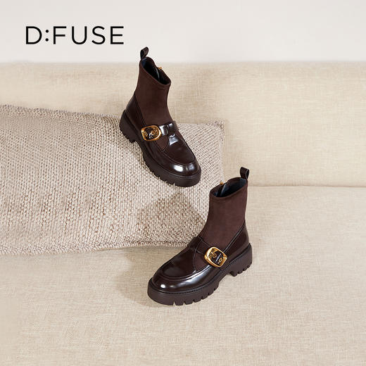 Dfuse迪芙斯冬新款牛皮减龄圆头厚底短靴弹力袜靴DF34116003 商品图10