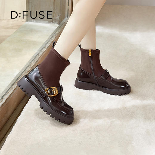 Dfuse迪芙斯冬新款牛皮减龄圆头厚底短靴弹力袜靴DF34116003 商品图0
