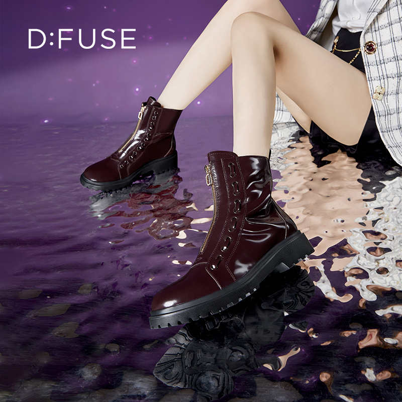 Dfuse迪芙斯冬季新款牛皮圆头拉链马丁靴厚底短靴DF34116111