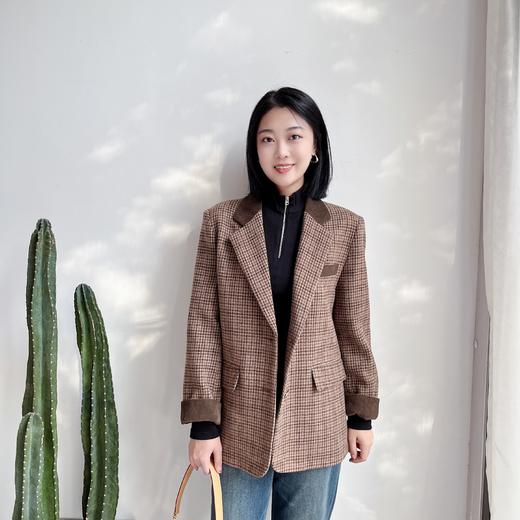 韩国进口2023冬灯芯绒拼接格子双扣翻盖口袋呢料西装 商品图1