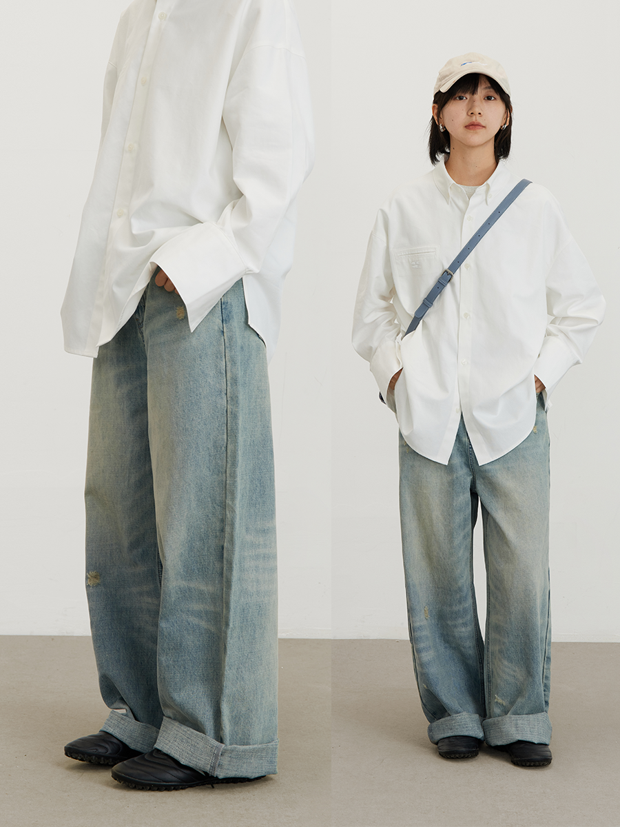 CryingCenter 复古浅蓝经典拉垮洗水宽松阔腿牛仔裤新色 哭喊中心