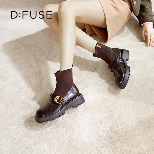 Dfuse迪芙斯冬新款牛皮减龄圆头厚底短靴弹力袜靴DF34116003 商品图8