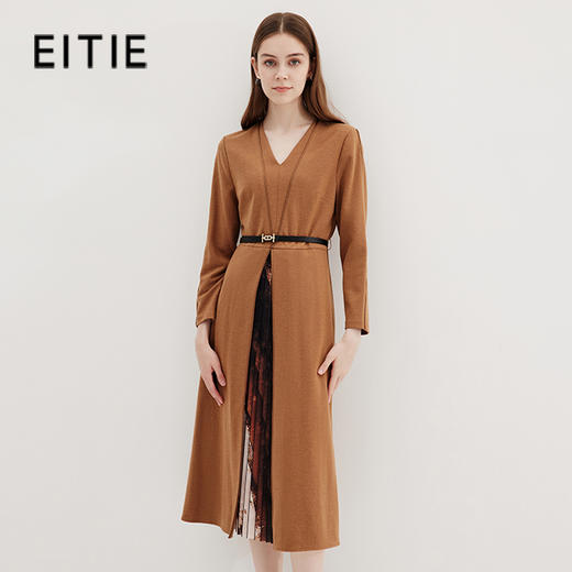 EITIE爱特爱冬季新款气质时尚V领收腰A字百褶拼接连衣裙7207904 商品图0