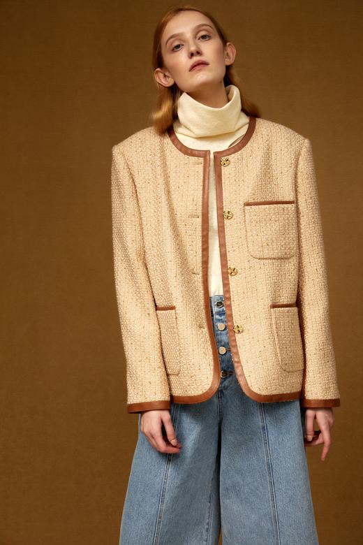 拼接皮边粗花呢外套 商品图1