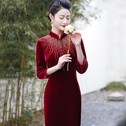 MLY秋冬琵琶襟旗袍金丝绒中长款天鹅绒金貂绒立领 商品图2