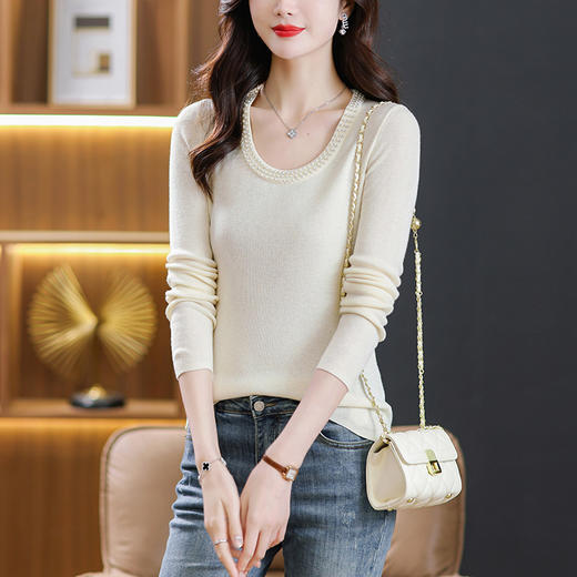 修身显瘦，低圆领钉珠针织薄羊毛女秋冬内搭上衣流行漂亮毛衣打底衫CC-SY-8535 商品图2