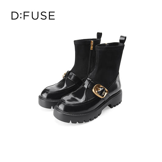 Dfuse迪芙斯冬新款牛皮减龄圆头厚底短靴弹力袜靴DF34116003 商品图5