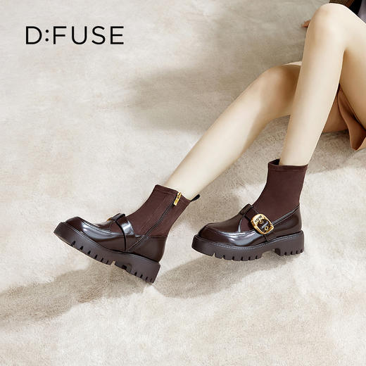 Dfuse迪芙斯冬新款牛皮减龄圆头厚底短靴弹力袜靴DF34116003 商品图9
