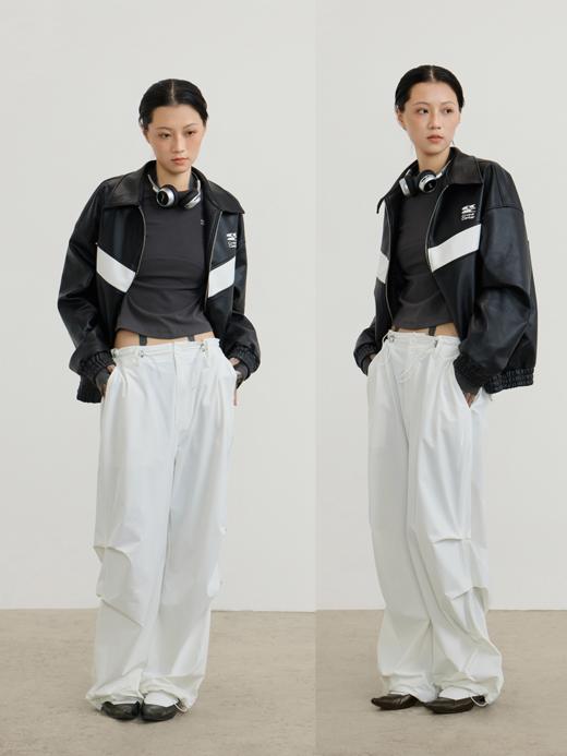 CryingCenter 黑白拼接宽松重磅机车上下拉链皮夹克外套 哭喊中心 商品图1