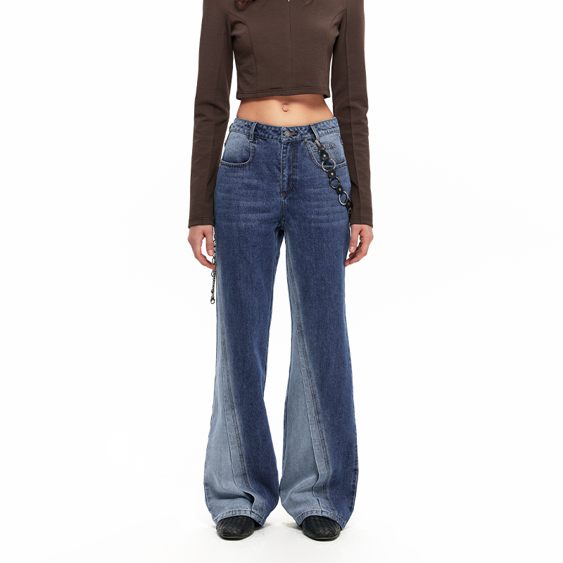 NUTH “斜向渐变”｜蓝色渐变牛仔裤倾斜切割拼接设计微喇长裤