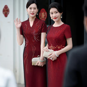 MLY秋季过膝中长喜婆婆婚宴装结婚礼服钉珠连衣裙