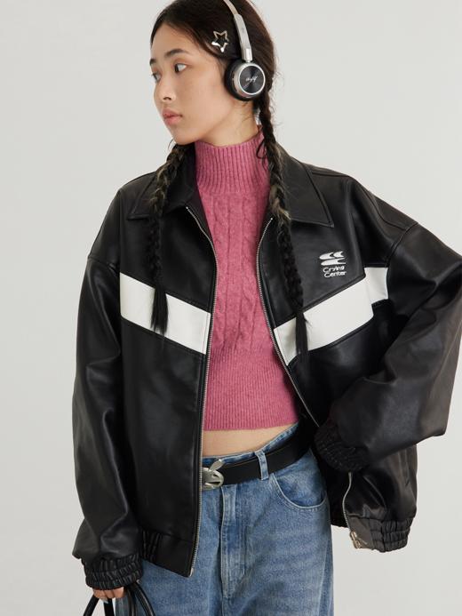 CryingCenter 黑白拼接宽松重磅机车上下拉链皮夹克外套 哭喊中心 商品图3