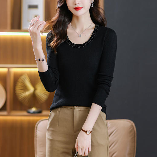 修身显瘦，低圆领钉珠针织薄羊毛女秋冬内搭上衣流行漂亮毛衣打底衫CC-SY-8535 商品图1