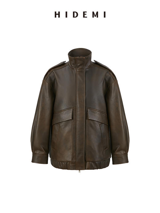 HIDEMI 小男孩系列新西兰复古做旧擦色羊皮工装口袋设计感皮夹克真皮皮衣大衣 商品图9