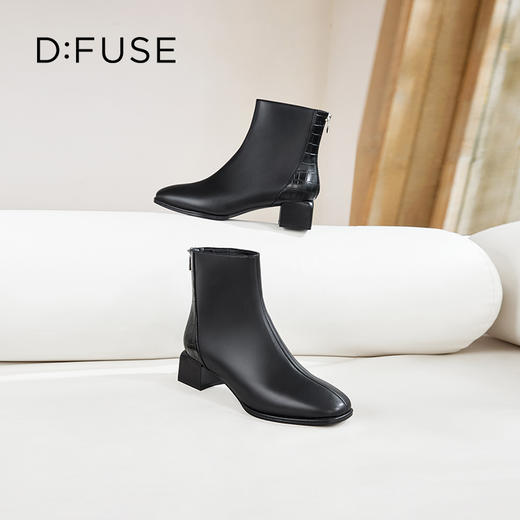 Dfuse迪芙斯冬季新款方头拉链粗跟拼接简约短靴女DF34116160 商品图10