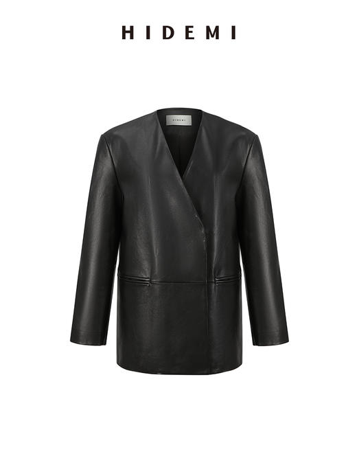 HIDEMI 做旧水洗羊皮无领双排扣皮西装大衣真皮皮衣外套 商品图9
