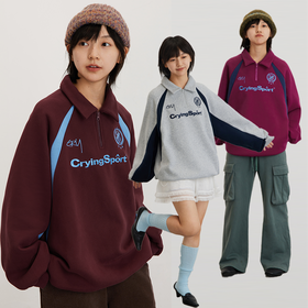 CryingCenter 拼接撞色运动polo卫衣拉链抽绳休闲加绒宽松情侣