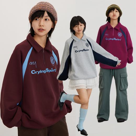 CryingCenter 拼接撞色运动polo卫衣拉链抽绳休闲加绒宽松情侣 商品图0