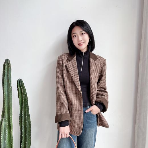 韩国进口2023冬灯芯绒拼接格子双扣翻盖口袋呢料西装 商品图0