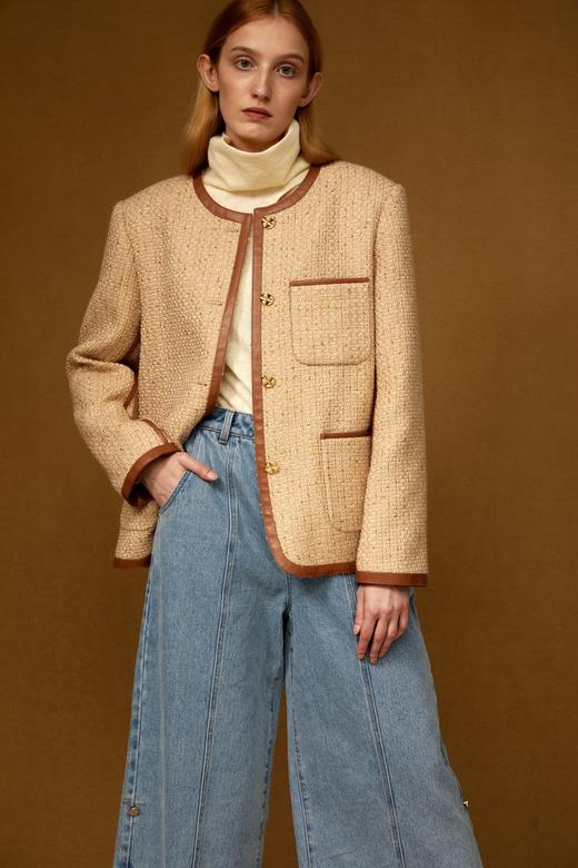 拼接皮边粗花呢外套 商品图0