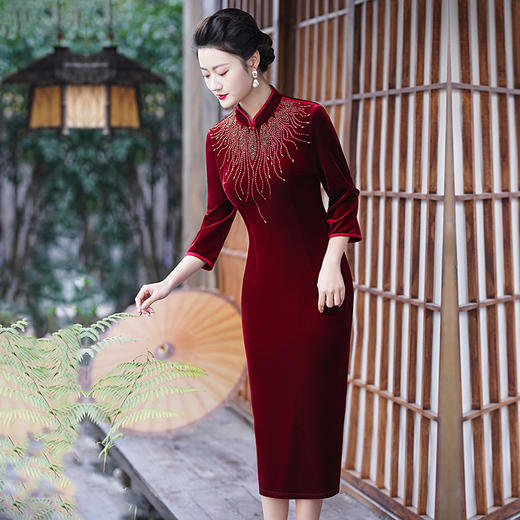 MLY秋冬琵琶襟旗袍金丝绒中长款天鹅绒金貂绒立领 商品图0