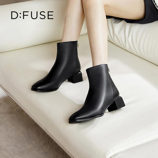 Dfuse迪芙斯冬季新款方头拉链粗跟拼接简约短靴女DF34116160 商品图0