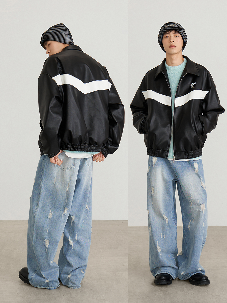 CryingCenter 黑白拼接宽松重磅机车上下拉链皮夹克外套 哭喊中心