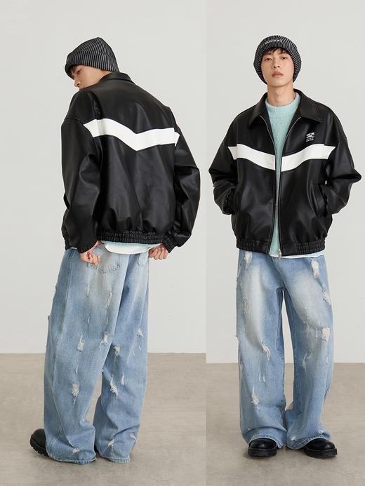 CryingCenter 黑白拼接宽松重磅机车上下拉链皮夹克外套 哭喊中心 商品图0