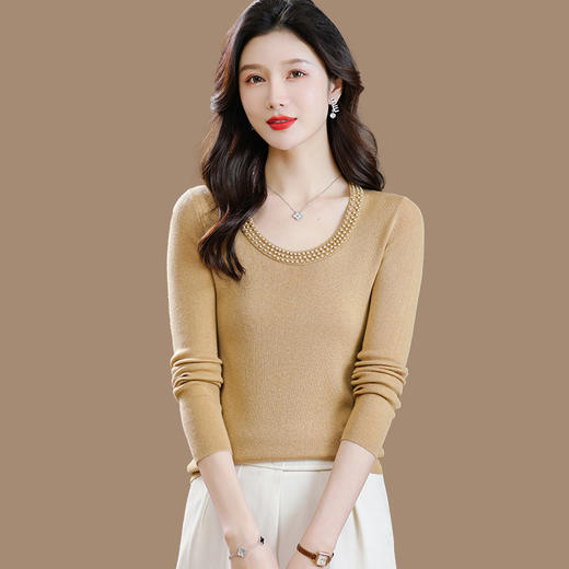 修身显瘦，低圆领钉珠针织薄羊毛女秋冬内搭上衣流行漂亮毛衣打底衫CC-SY-8535 商品图3