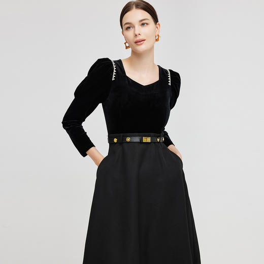 NG851斯尔丽2023秋装新款法式浪漫丝绒拼接式镶钻长袖连衣裙 商品图2