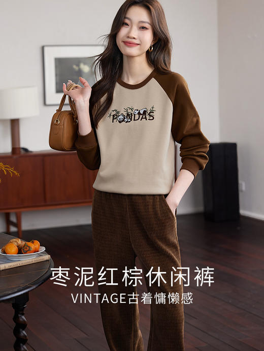 【年终特卖】熙世界欧棉绒棕色阔腿裤女秋冬2025新款高腰垂感宽松休闲拖地裤子 商品图1