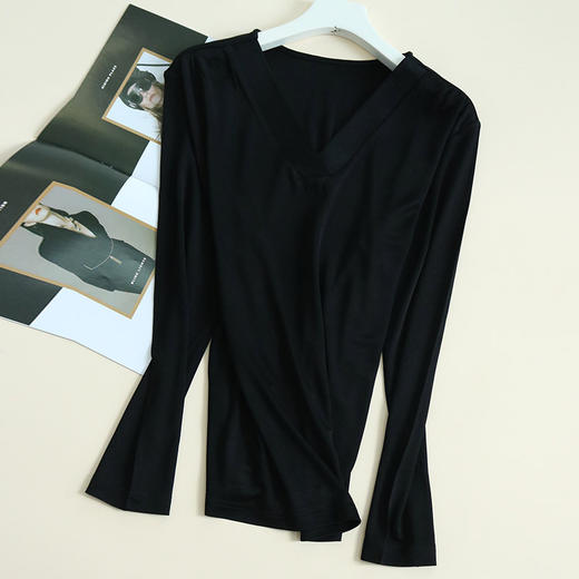 TG-TG03S272秋冬真丝长袖打底衫 桑蚕丝V领叠领内搭保暖上衣女百搭纯色 商品图4