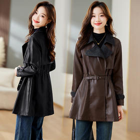 秋季新款，收腰显瘦PU皮衣外套女中长款设计感长袖翻领风衣夹克HR-CLYZ23191