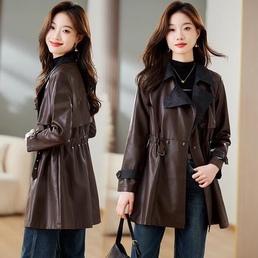 秋季新款，收腰显瘦PU皮衣外套女中长款设计感长袖翻领风衣夹克HR-CLYZ23191 商品图1