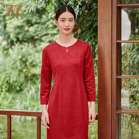 佐尔美秋季新款 优雅气质中长袖高定提花设计连衣裙女E33LL29