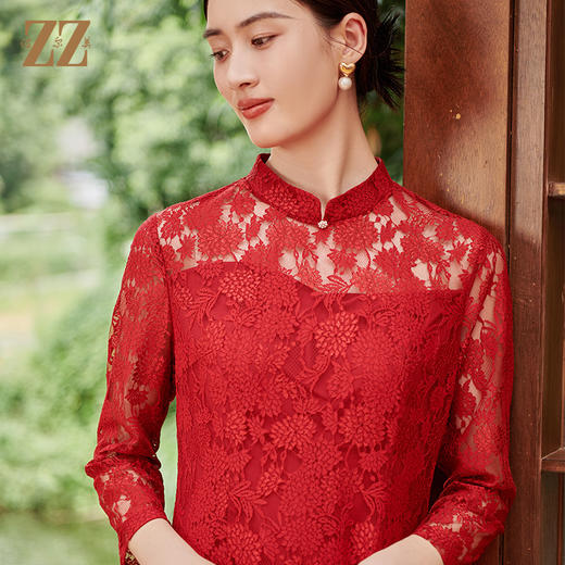 佐尔美秋季新款 优雅蕾丝高定中国红连衣裙女E33LL32 商品图1