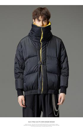 PINLI品立秋冬新品大翻领撞色羽绒服男士宽松休闲短款外套潮B233108055