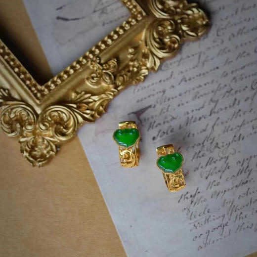 龢盒原创 冰绿翡翠如意古典金耳圈耳环 商品图1