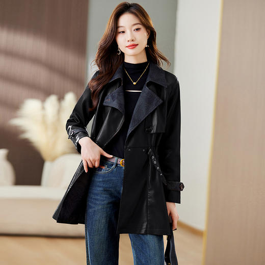 秋季新款，收腰显瘦PU皮衣外套女中长款设计感长袖翻领风衣夹克HR-CLYZ23191 商品图8