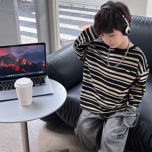 【灰黑条纹，百搭界的万金油！】儿童T恤2023童酷秋款韩版时尚宝宝假两件上衣洋气条纹男童长袖潮 商品图3
