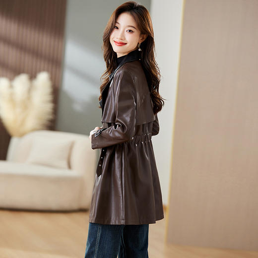 秋季新款，收腰显瘦PU皮衣外套女中长款设计感长袖翻领风衣夹克HR-CLYZ23191 商品图5