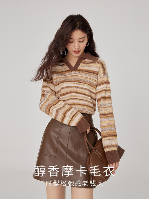 【年终特卖】熙世界老钱风穿搭复古条纹POLO领毛衣女慵懒风针织衫2025秋冬新款 商品图1
