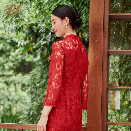佐尔美秋季新款 优雅蕾丝高定中国红连衣裙女E33LL32 商品图4