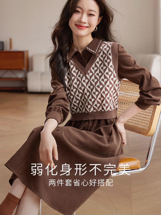 【专属特价】熙世界学院风长袖连衣裙套装女士秋冬提花针织马甲衬衫裙子两件套 商品图1